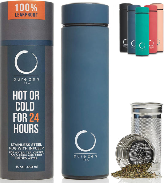 Thermos with Infuser for Tea, Coffee and Fruit-Infused Water - Stainless Steel - Tea Infuser Bottle - Tea Tumbler with Infuser - Leakproof Travel Tea Mug - Tea Infuser Cup - 15Oz - Blue